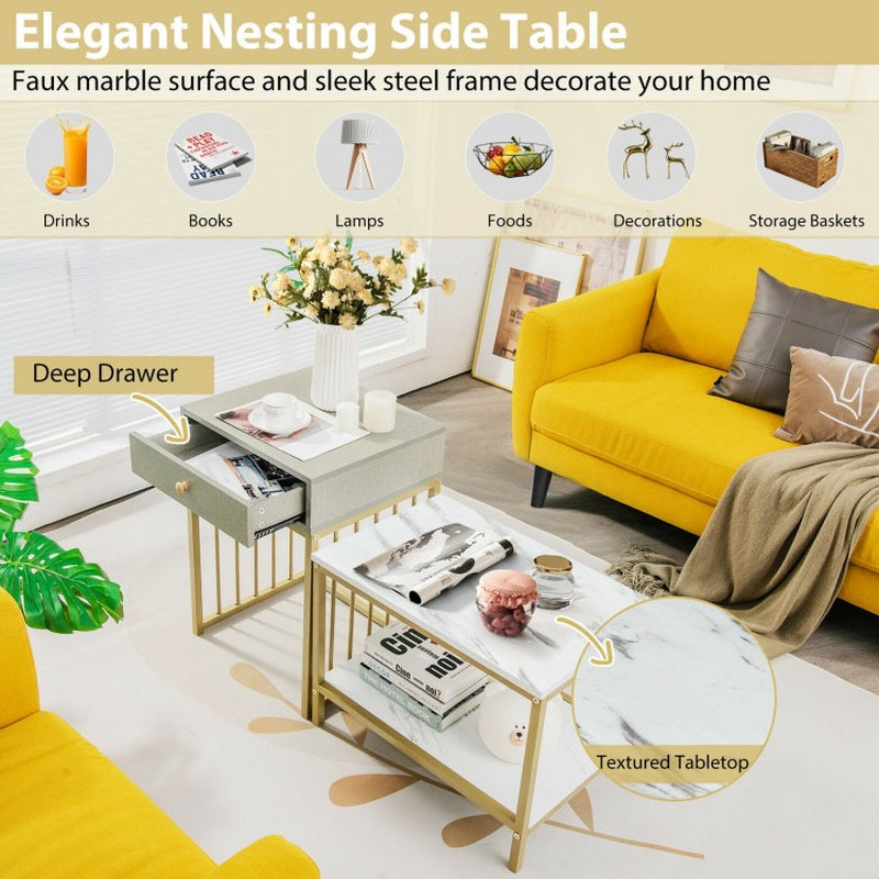 Modern Nesting Coffee Table Set with Drawer and Shelf - 2 Pieces