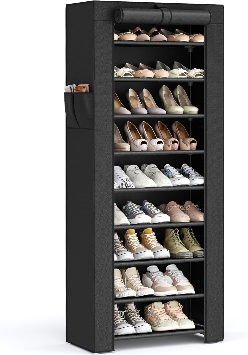 9-Tier Shoe Organizer with Nonwoven Fabric Cover - Storage Solution for 40-50 Pairs of Shoes, Black
