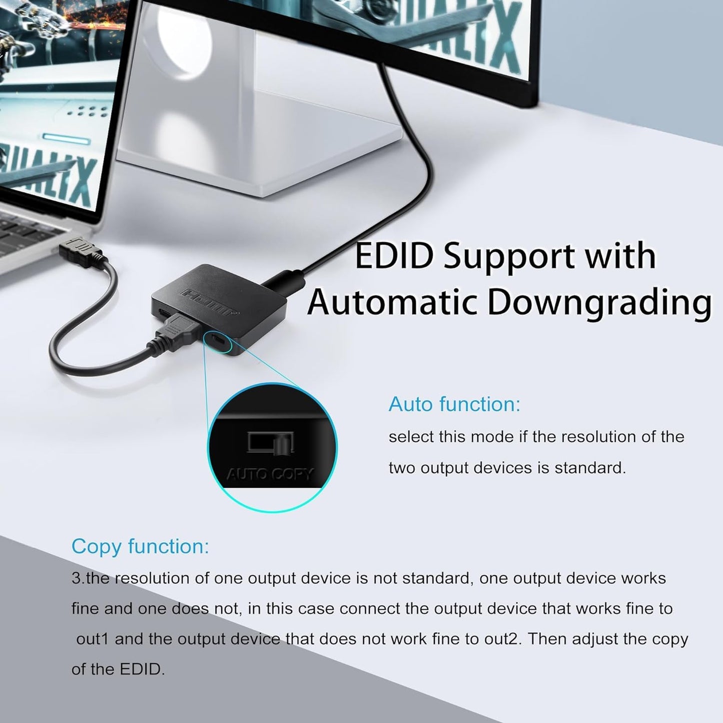 4K HDMI Splitter - 1 Input to 2 Outputs, Supports Multiple Display Sizes, Duplicate/Mirror Functionality (No Extension)