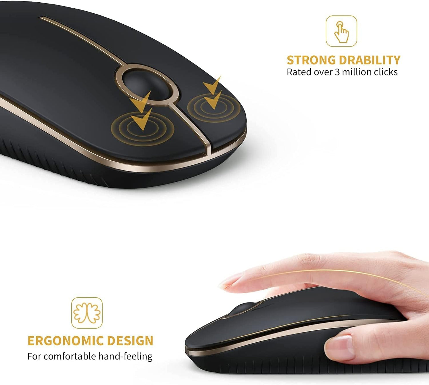 Wireless Mouse, 2.4G Slim Portable Computer Mice with Nano Receiver for Notebook, PC, Laptop, Computer-Gold and Black