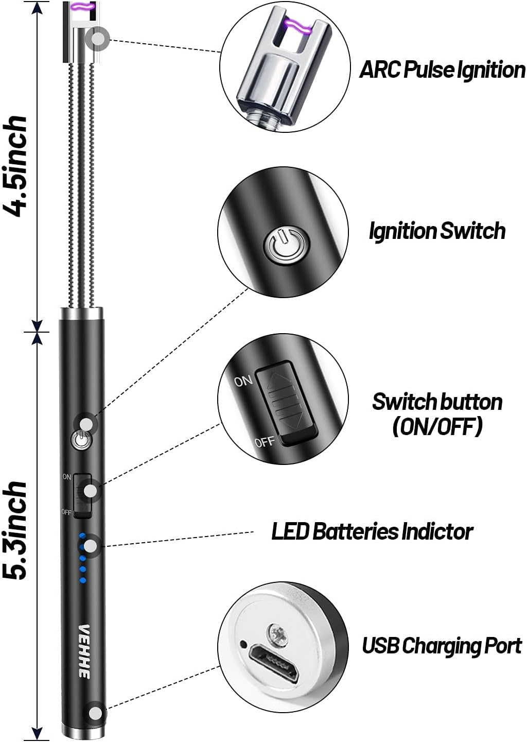 USB Rechargeable Electric Lighter with 360° Flexible Neck and LED Display, Flameless and Windproof, Ideal for BBQ, Camping, and Fireworks