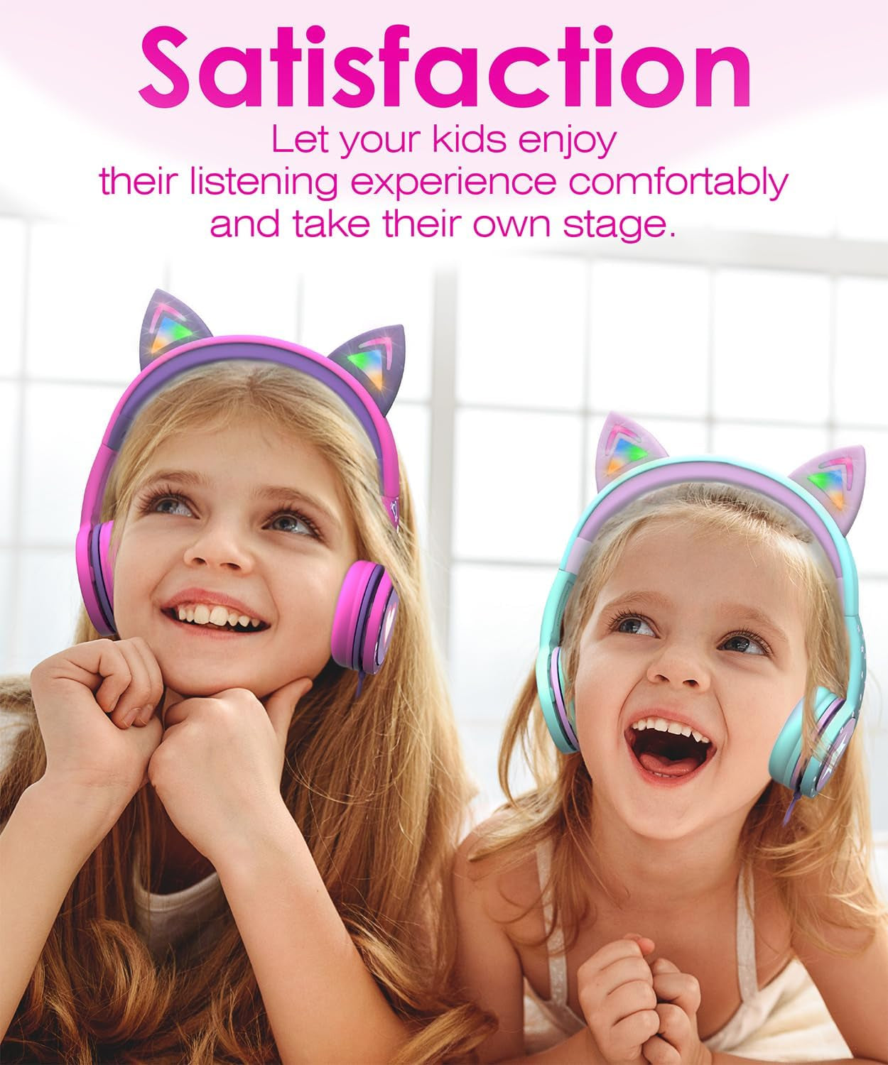 Children's Wired Headphones with LED Cat Ears and Safe Volume Limit (85 dB) - Tangle-Free 3.5mm On-Ear Design for School and Travel - Hot Pink/Purple
