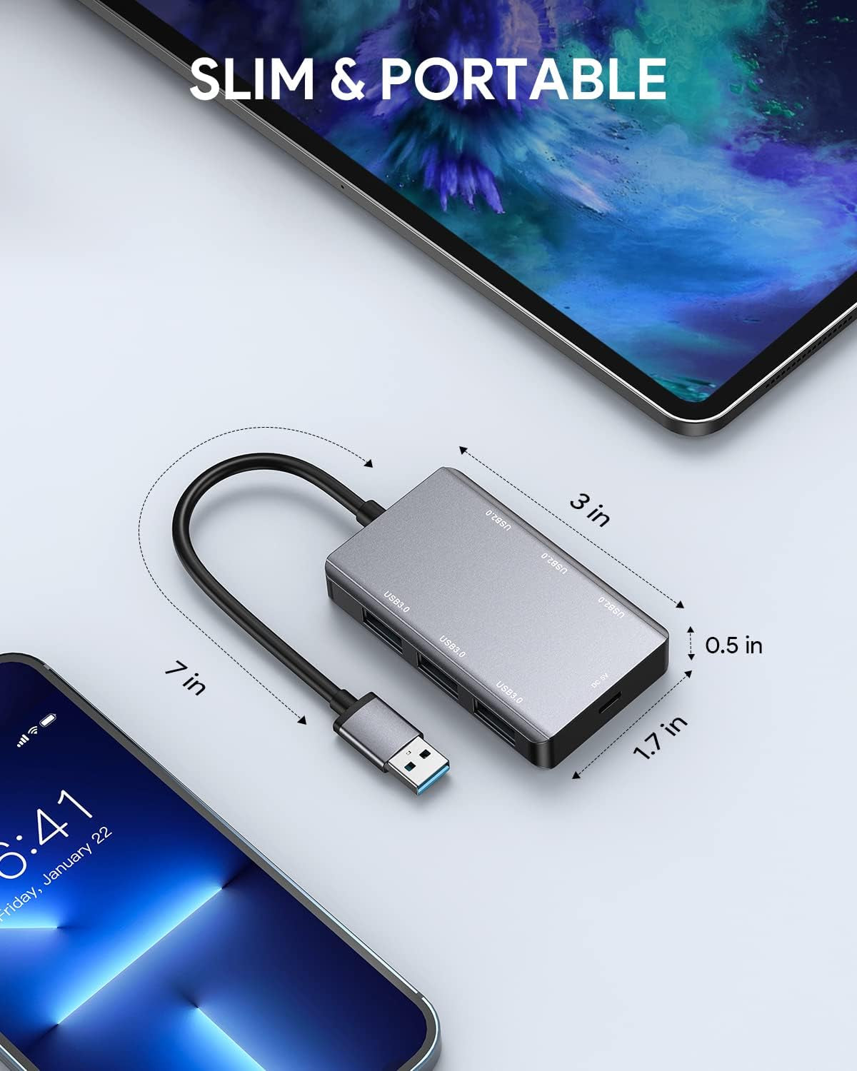 6-Port USB Hub 3.0 with 3 USB 3.0 and 3 USB 2.0 Ports - Ultra Slim Data Hub for Laptops, Notebooks, Mobile HDDs, USB Flash Drives, and More