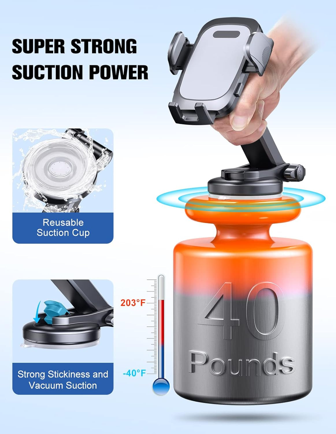Car Phone Holder with Strong Suction for Dashboard and Windshield - 360° Rotating Long Arm Mount Compatible