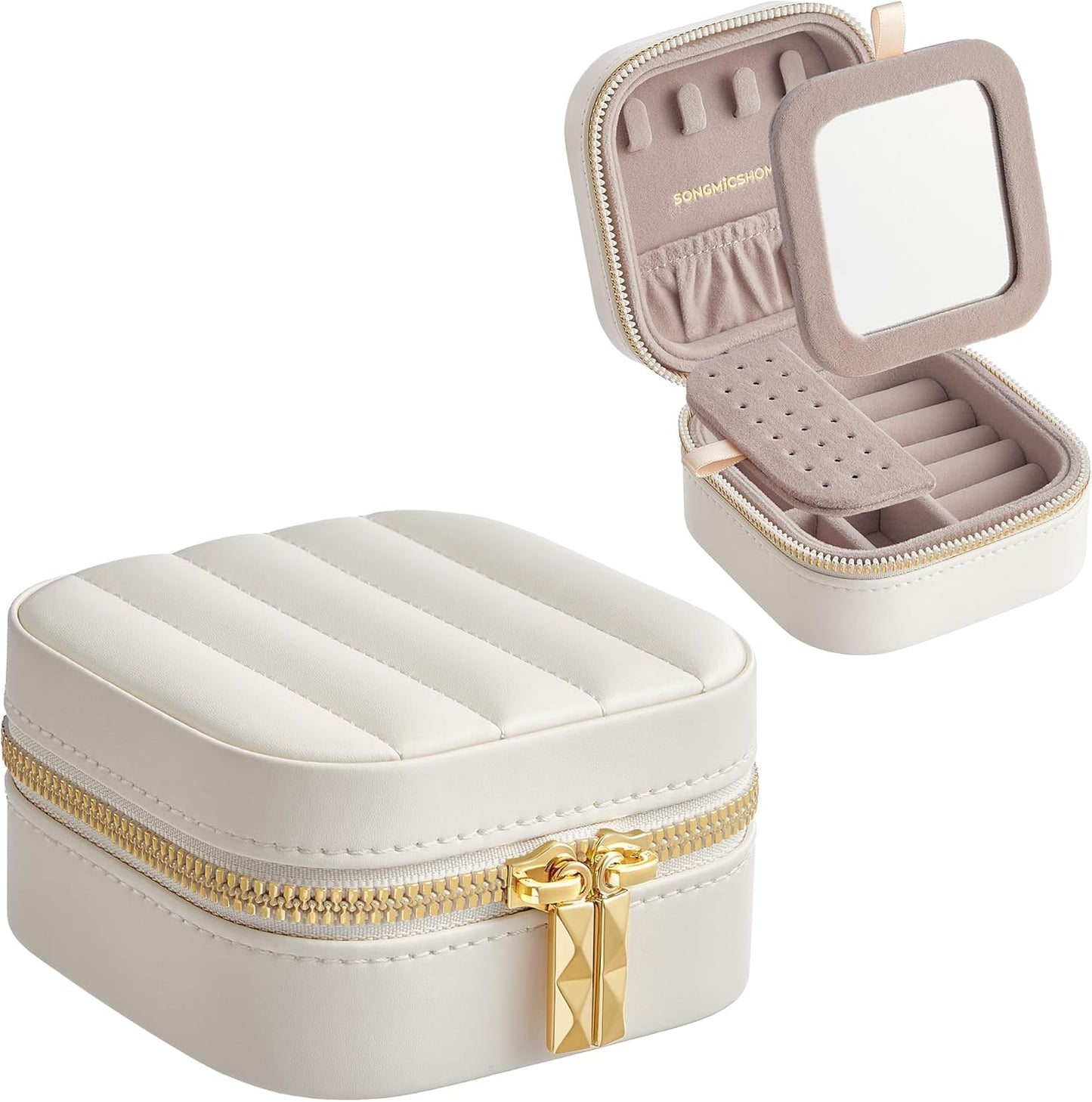 Travel Jewelry Box - Compact Jewelry Organizer with Mirror, PU Leather with Stitching, Portable Design, Zipper Closure