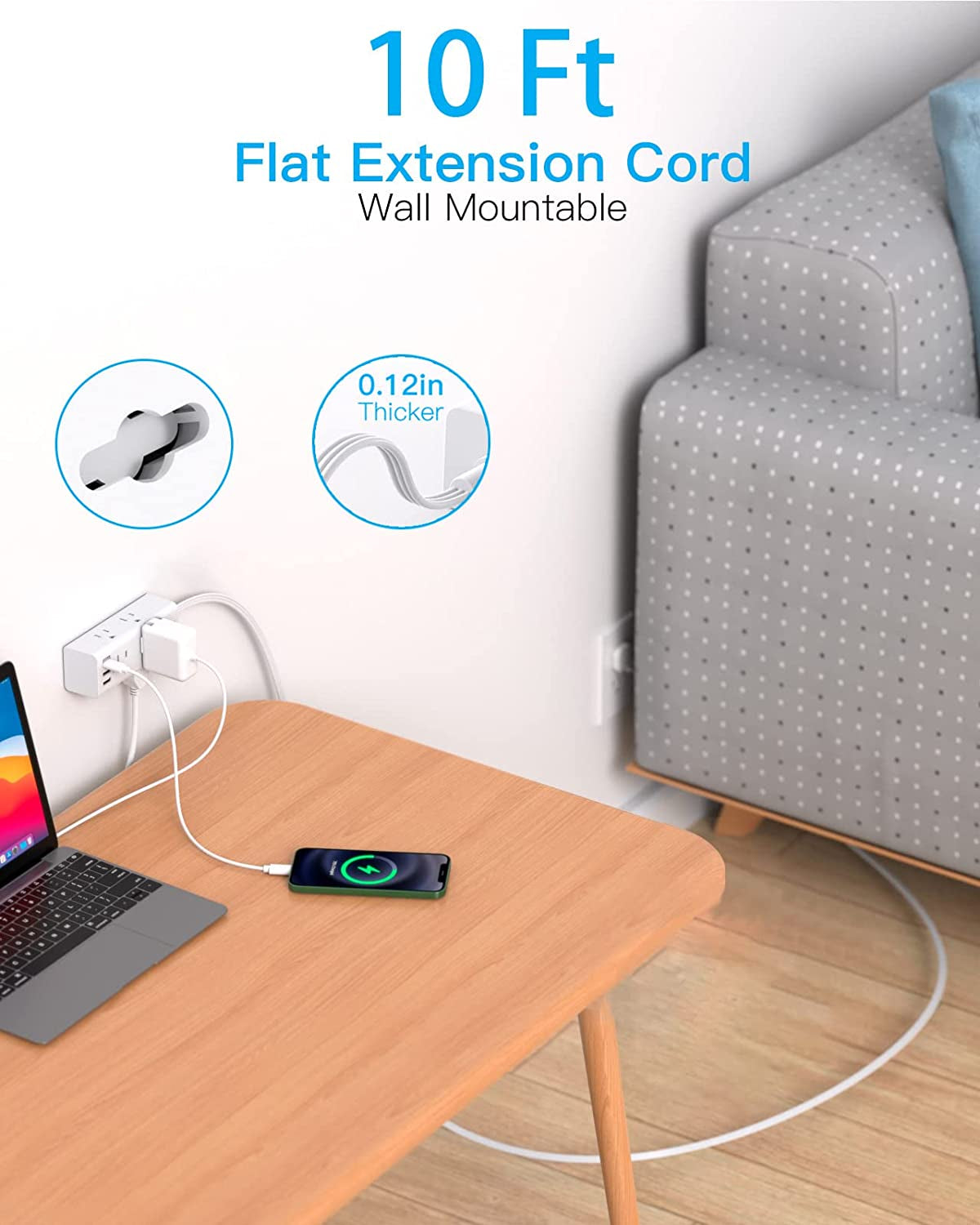 10FT Indoor Extension Cord with Surge Protector, Flat Plug, 6 Outlets and 3 USB Ports (including 1 USB-C) for Home, College