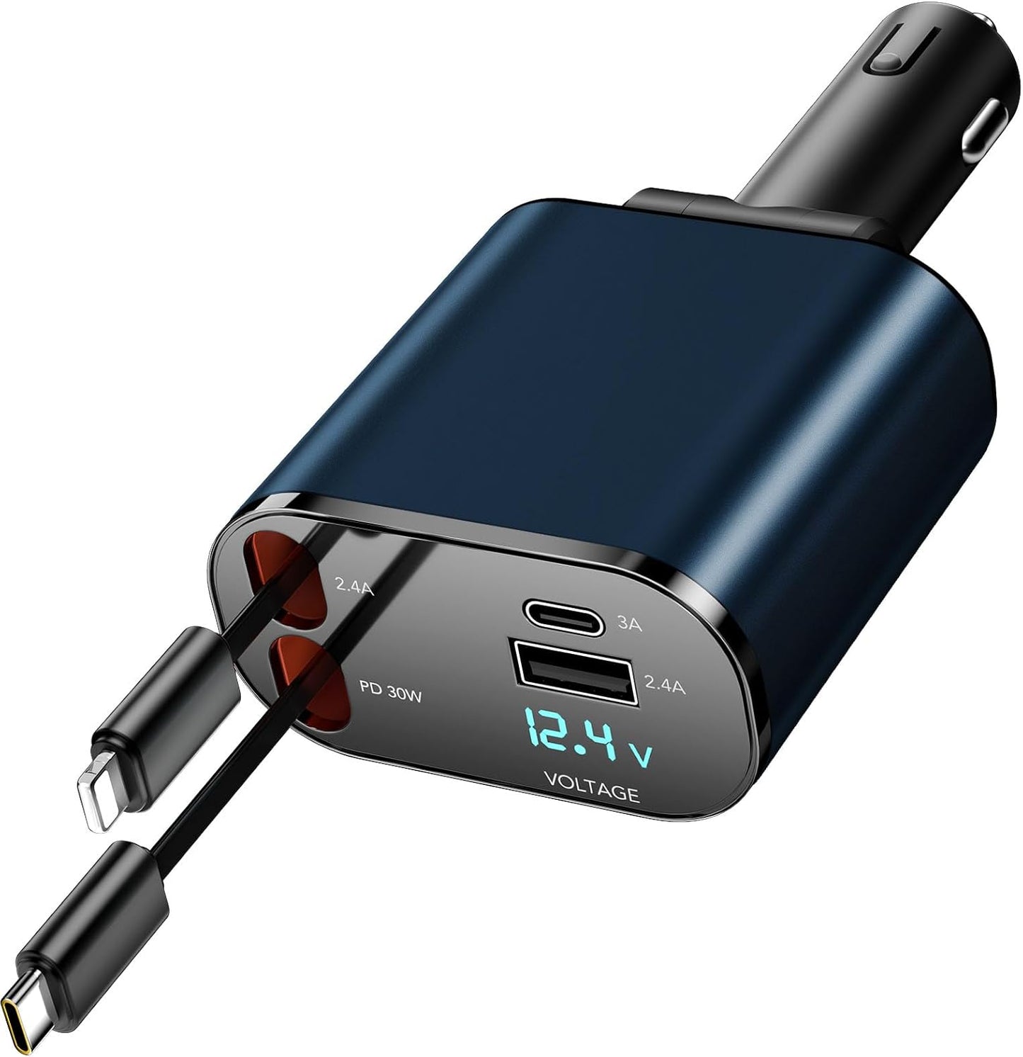 Retractable 4-in-1 Fast Charging Car Charger - 60W with Retractable Cable and Dual USB Ports