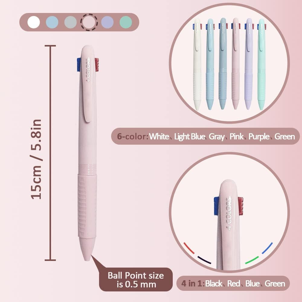 6PCS Multicolor Ballpoint Pen, 4-In-1 Retractable Ink Pens with Pen Clip, Smooth 0.5Mm Fine Point Pen for Office School Supplies Students Journaling Classroom Prizes Kids Gift