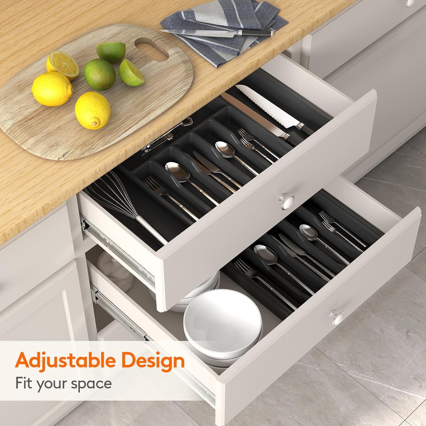 Expandable Cutlery Drawer Organizer - BPA-Free Adjustable Utensil Tray for Kitchen Storage, Large Black Flatware and Silverware Holder