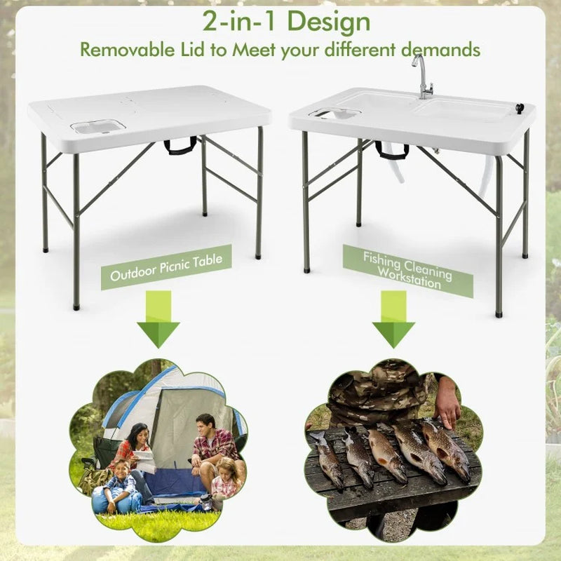 Fish Cleaning Table Featuring Dual Sinks and 360° Rotatable Faucet