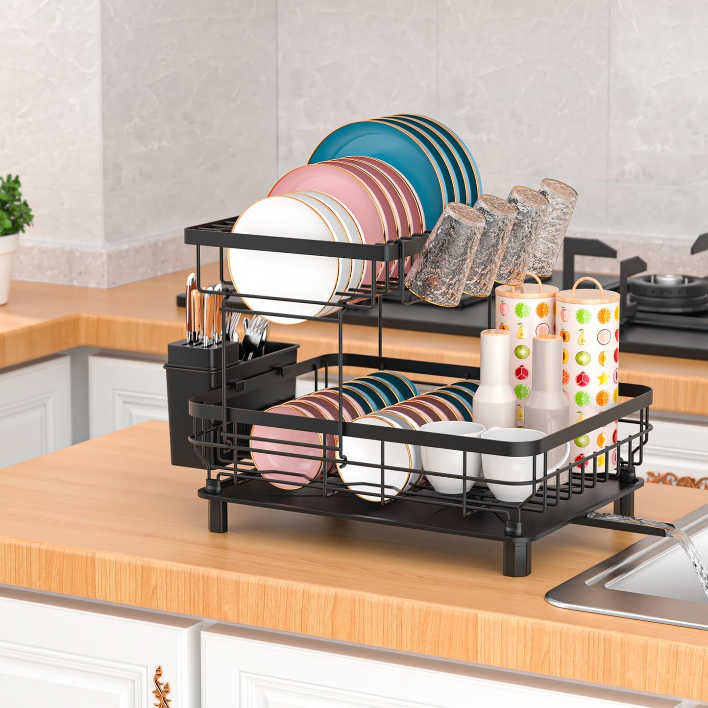 Large Double Layer Dish Drying Rack with Drainage Plate and Rotating Nozzle, Includes Tableware Rack and Cup Holder for Kitchen Counter