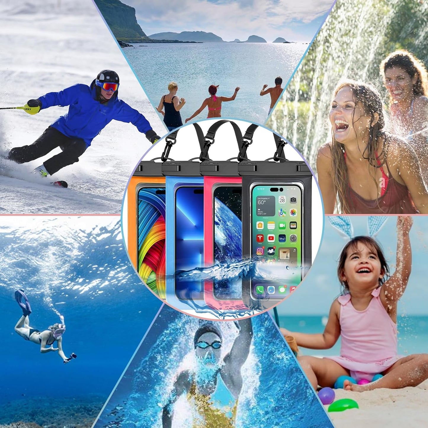 4-Pack Multicolor Universal Waterproof Phone Pouch - Large IP68 Waterproof Case , Compatible with Devices Up to 7.5"