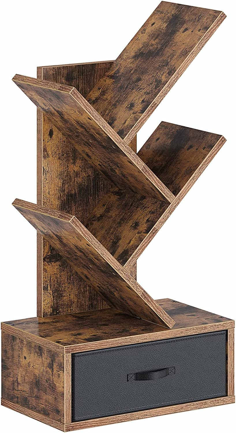 7-Tier Rustic Brown Bookshelf with Drawer, Wooden Storage Rack for CDs, Movies, and Books, Versatile Organizer