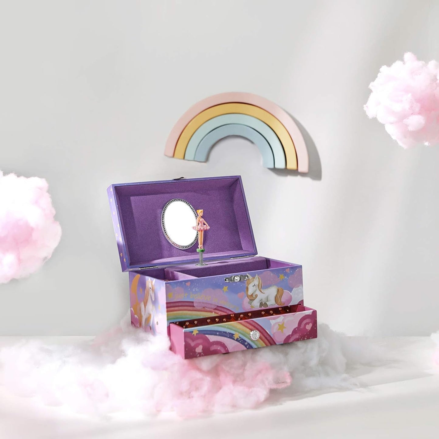 Music Jewelry Box, Ballerina Music Box, Rainbow and Unicorn, 7.5 X 4.3 X 4.3 Inches, Purple