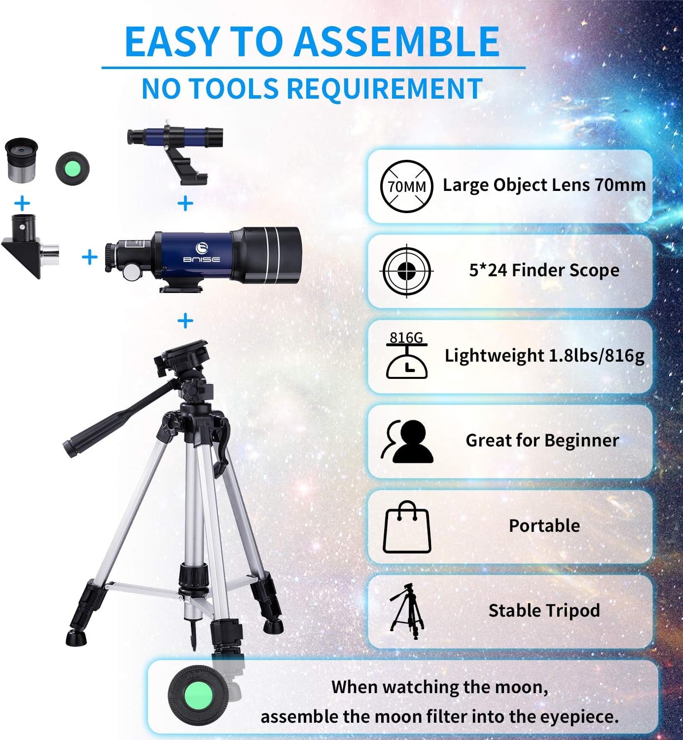 Astronomy Telescope for Kids and Beginners - 150X Magnification, 70mm Aperture, 300mm Refractor - Adapter, Shutter, Filter, Case.