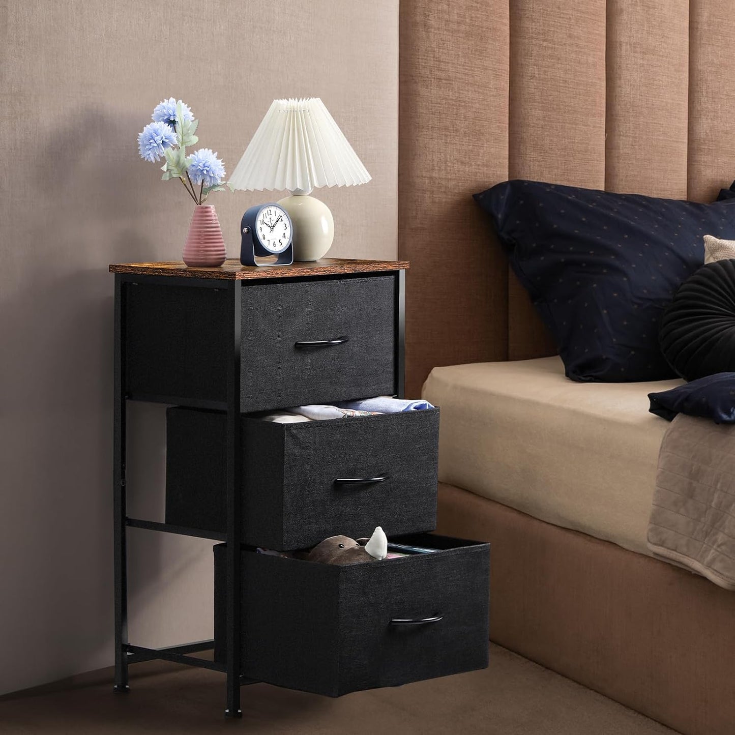 3-Drawer Fabric Dresser with Sturdy Steel Frame and Wood Top for Bedroom, Hallway, Closet, and Living Room (Black)