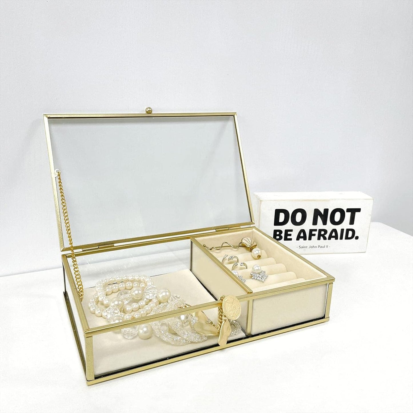 Elegant Glass Jewelry Box with Gold Metal Frame, Velvet Tray, and Trinket Chest - Clear Keepsake Display Case