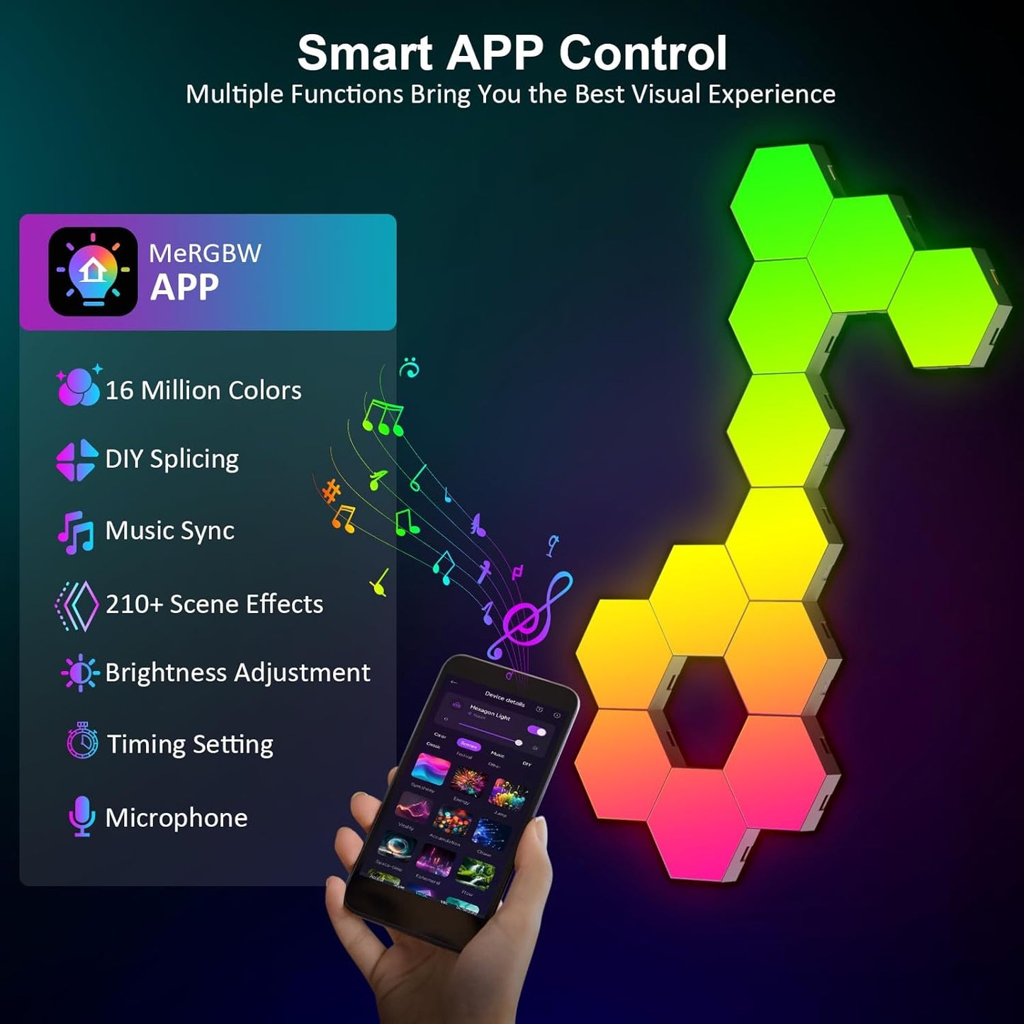 Hexagon LED Wall Light Panels: 12-Piece Smart Touch Sync Music Hex Lights for Gaming and Bedroom Decor