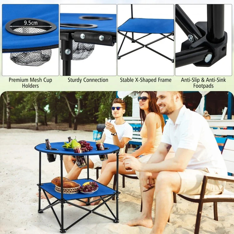 2-Tier Portable Picnic Table with Carrying Bag and Four Cup Holders