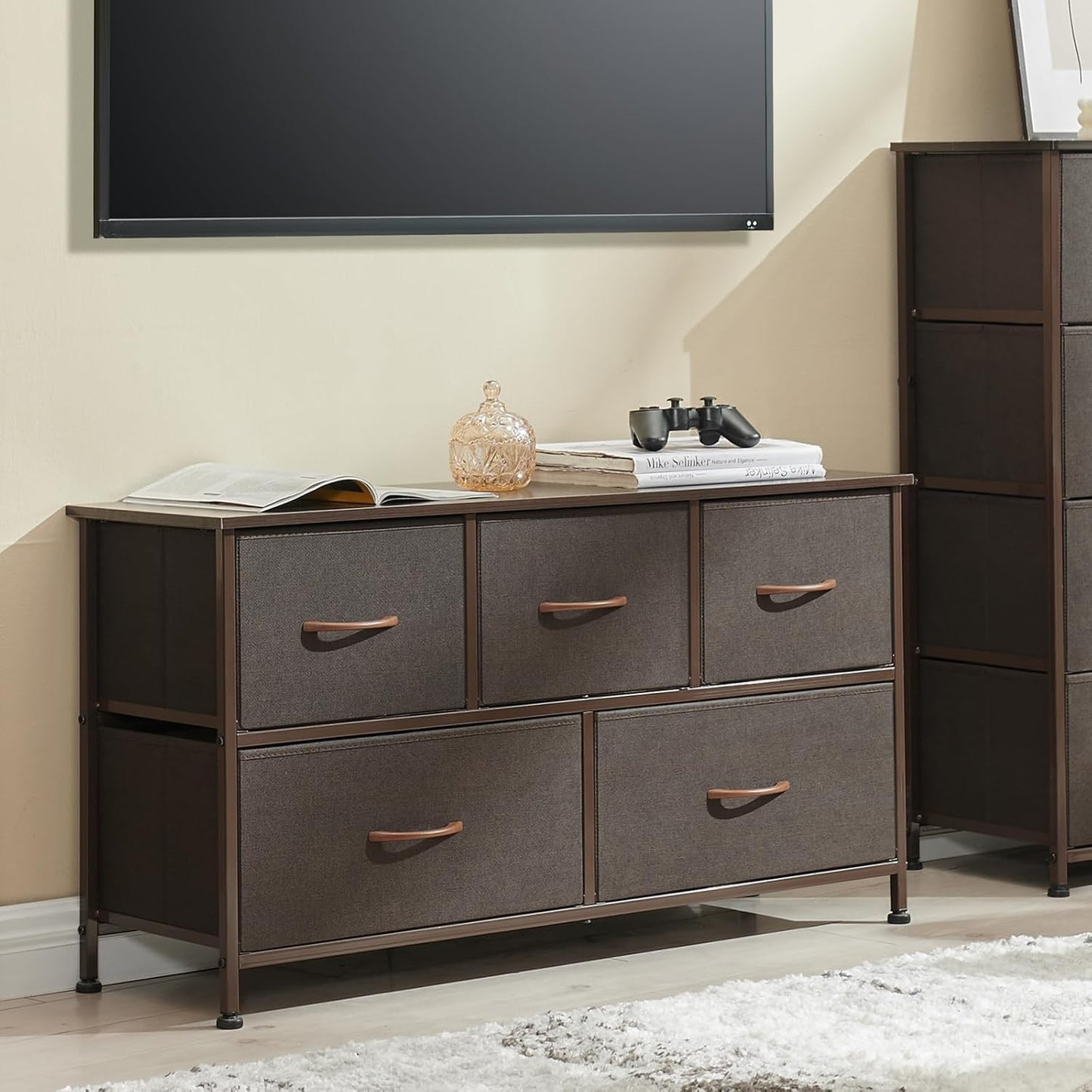 5-Drawer Dresser in Coffee Brown with Removable Fabric Bins for Versatile Storage
