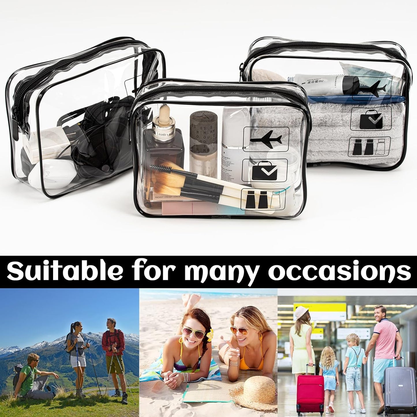 3-Pack TSA Approved Clear Travel Toiletry Bags with Zipper, Quart Size Cosmetic Makeup Bags for Airport Carry-On Essentials