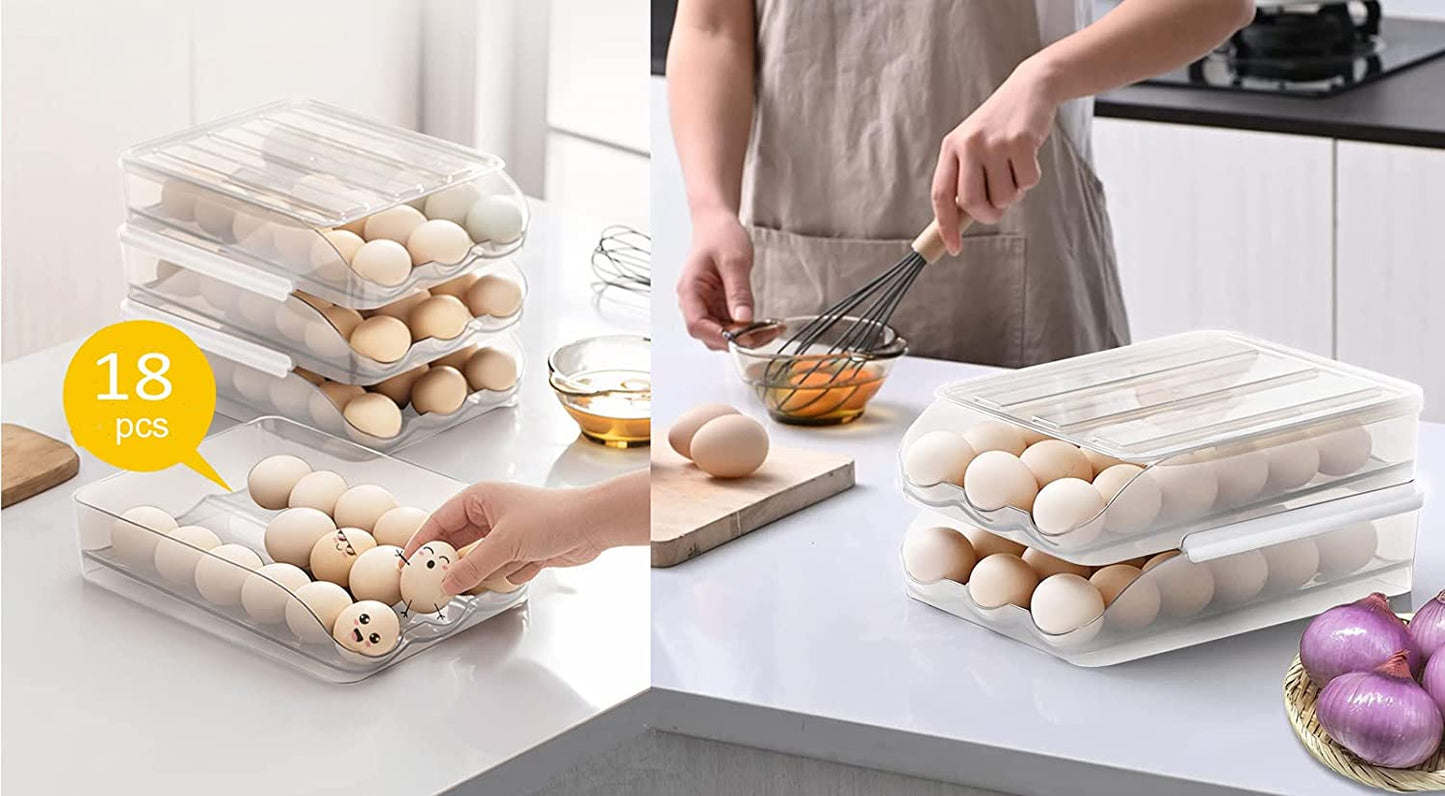 Large Capacity Egg Storage Organizer for Refrigerator with Lids, Auto Rolling Egg Container Tray, 2-Layer Fridge Storage