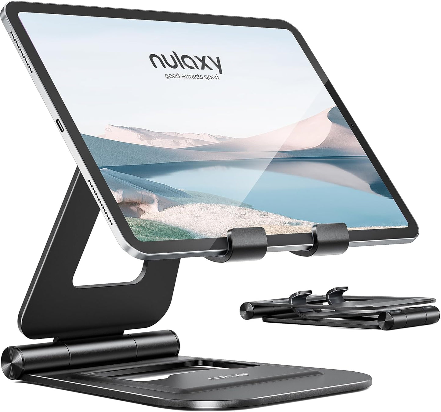 Aluminum Dual-Foldable iPad Stand - Fully Adjustable Desktop Tablet Holder for 4-11" Mobile Devices, Compatible with iPad Pro/Air/Mini, iPhone Pro/Max/Plus, and Kindle - Black