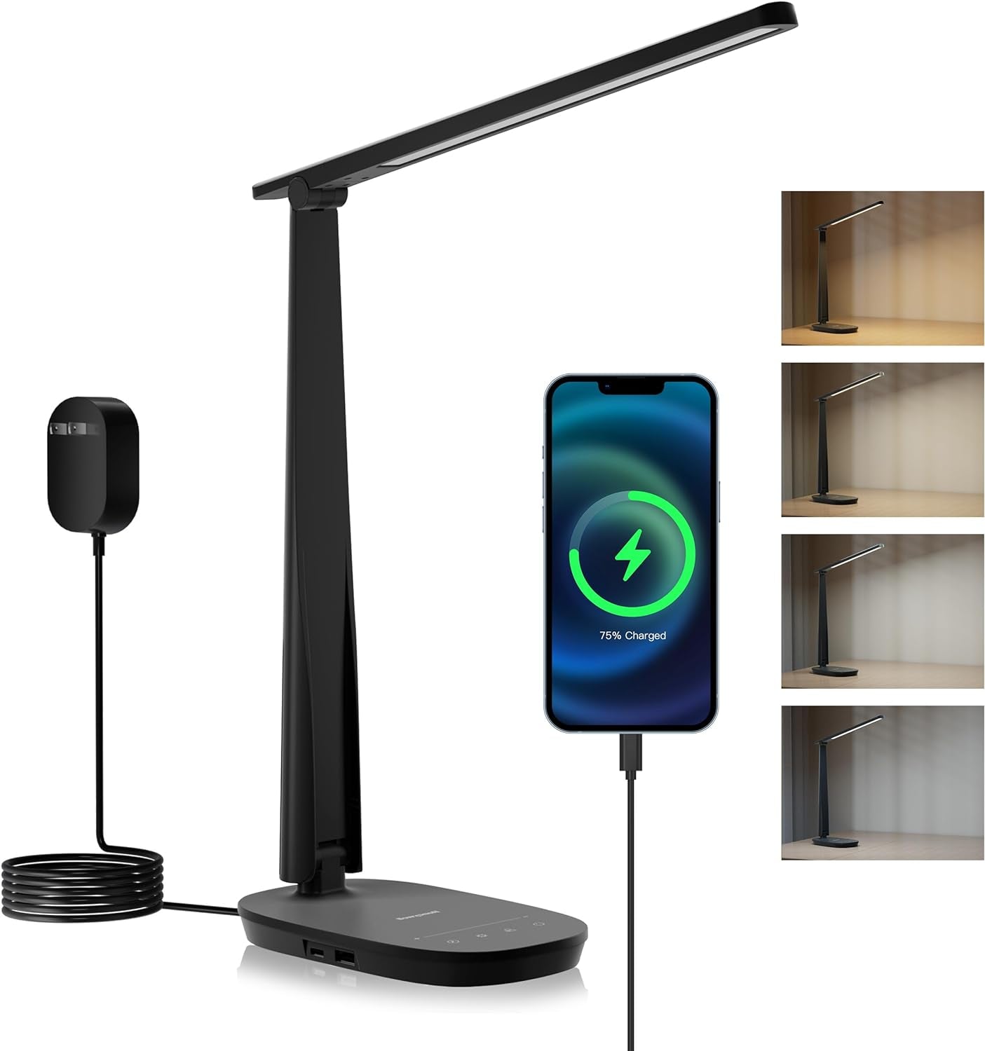 LED Desk Lamp - Eye-Caring, Foldable Design with USB Charging, 4 Color Modes, Stepless Dimming, Auto Timer, Touch Control