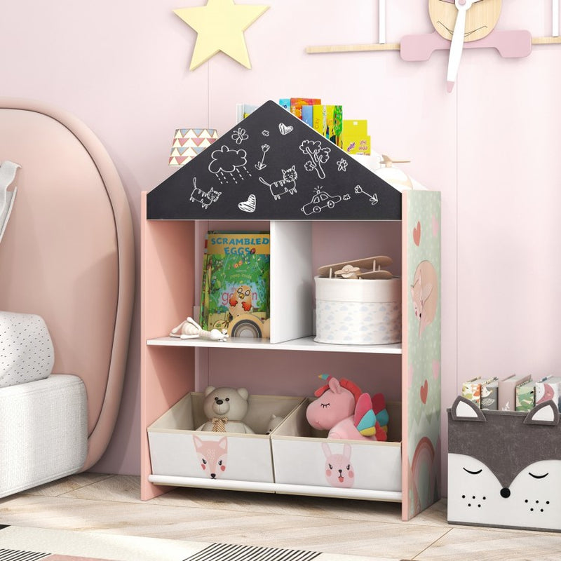 Children's Playhouse Bookshelf with Integrated Chalkboard and Whiteboard for Ages 3-6