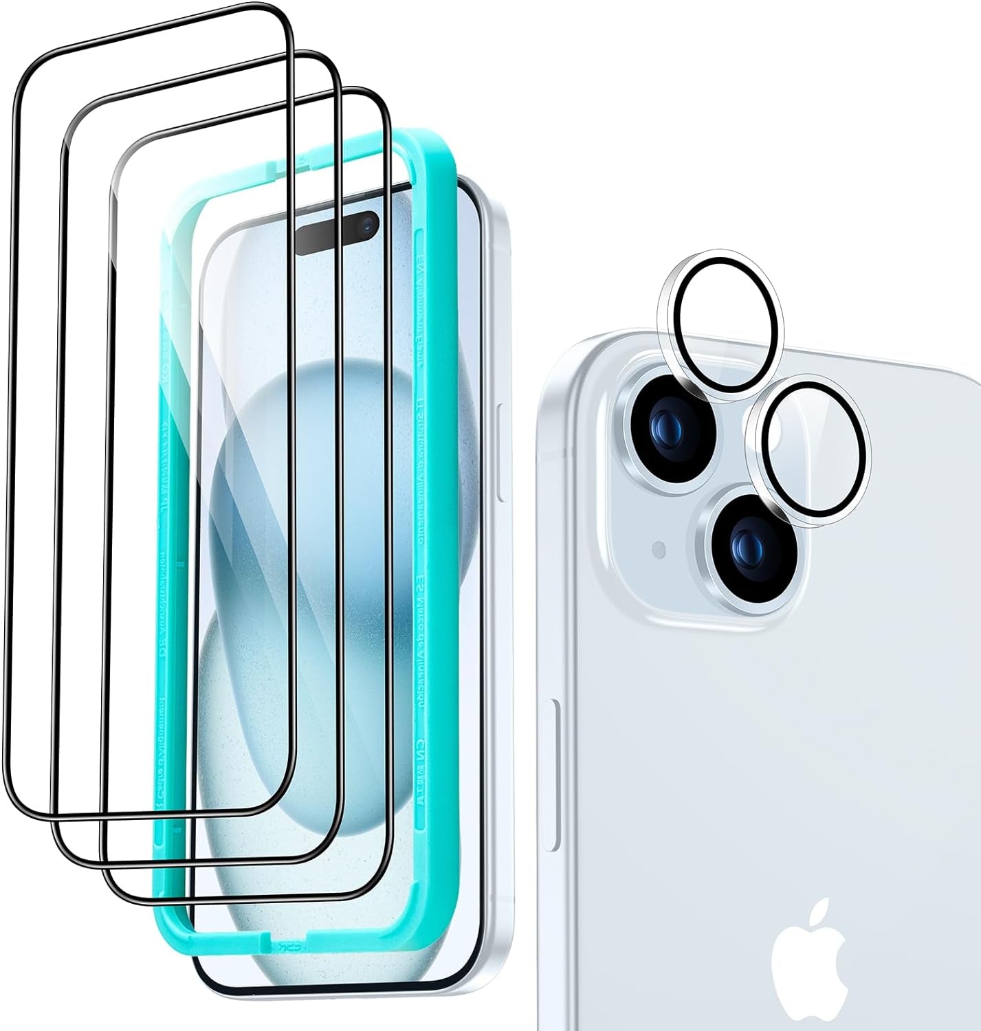 Screen Protector Set, 3 Tempered-Glass Screen Protectors and 1 Set Individual Lens Protectors, 2.5D Curved Edges, Scratch Resistant