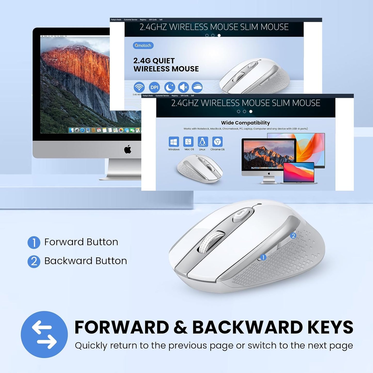 Ergonomic Wireless Mouse for Laptops - 2.4G Silent Optical USB Mouse with 6 Buttons, 3 Adjustable DPI Levels (White)