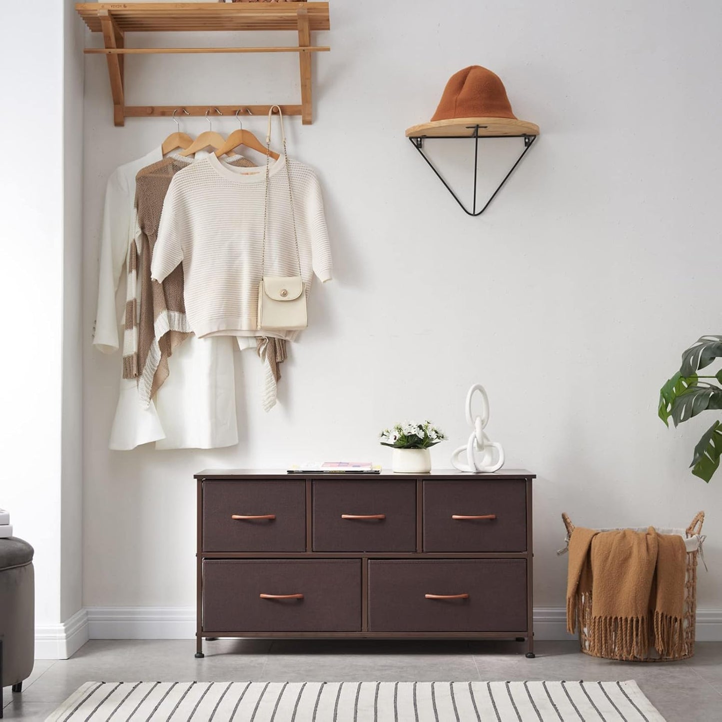 5-Drawer Dresser in Coffee Brown with Removable Fabric Bins for Versatile Storage