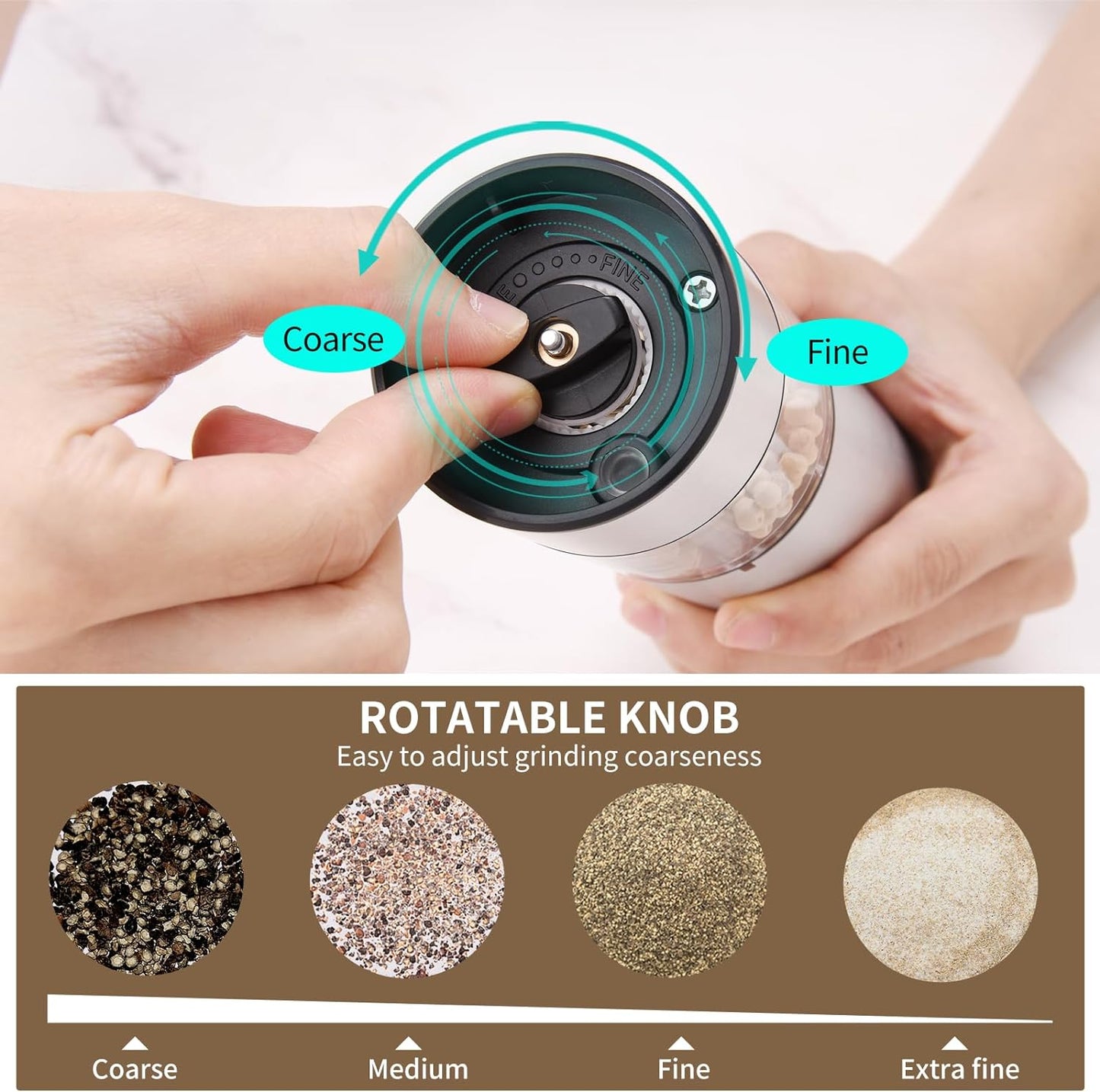 Rechargeable Electric Salt and Pepper Grinder Set with Adjustable Coarseness and Washable 95ml Transparent Container