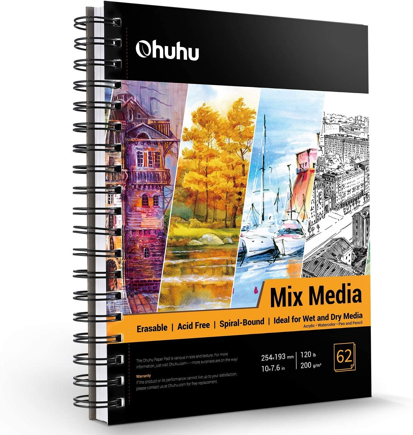 Professional Mix Media Sketchbook-10" x 7.6" Watercolor Paper-Wet Dry Media,120 LB/200 GSM Heavyweight, 62 Sheets/124 Pgs