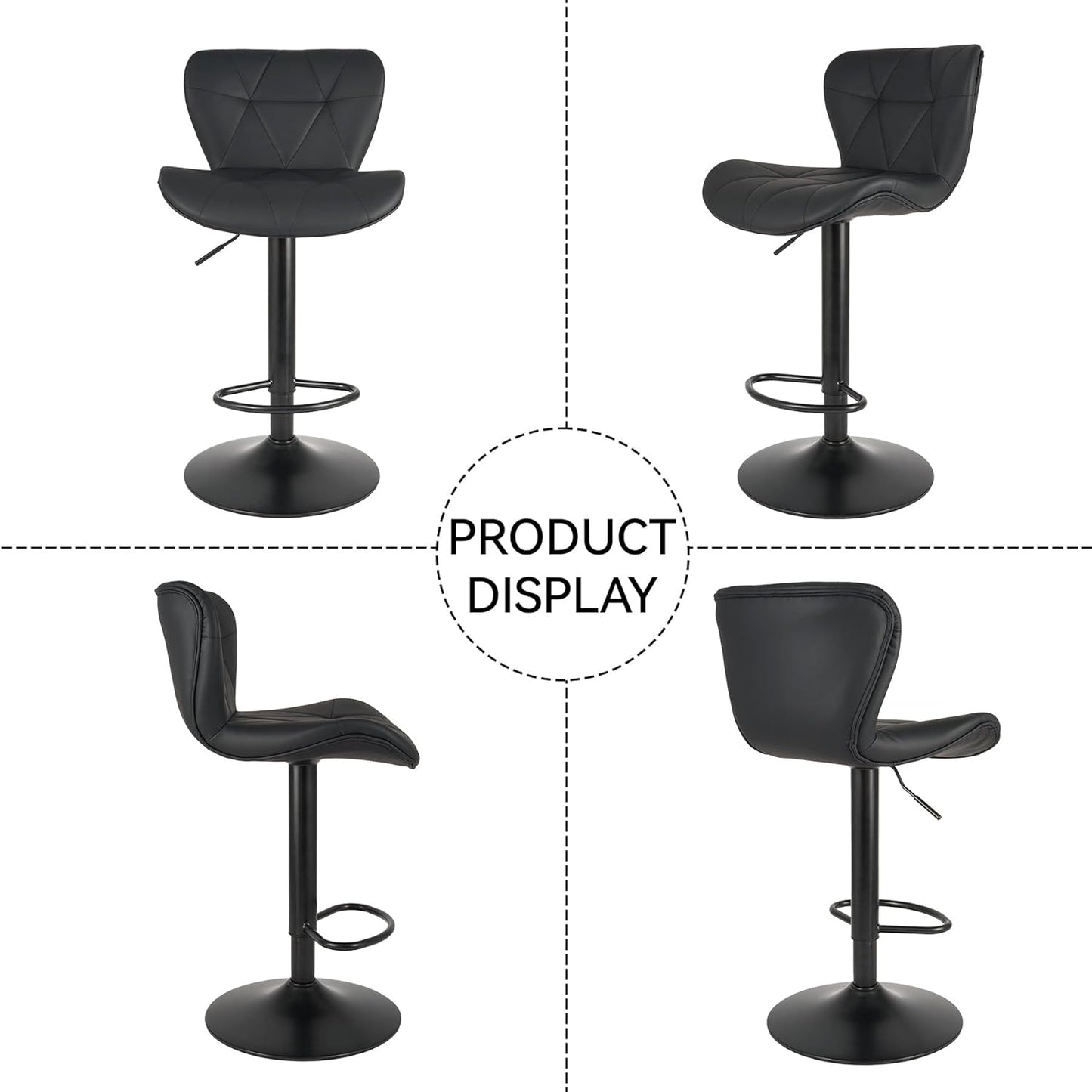Set of 2 Adjustable Faux Leather Upholstered Swivel Bar Stools with Back for Kitchen Island, Counter Height, Black