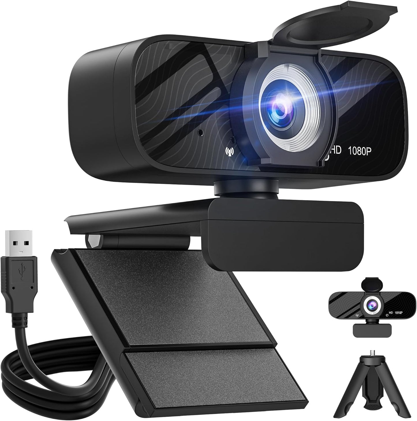 Full HD 1080P Webcam - Wide Angle Lens, Integrated Microphone, Adjustable Tripod - Laptop Desktop - Live Streaming, Video Conferencing (Black)