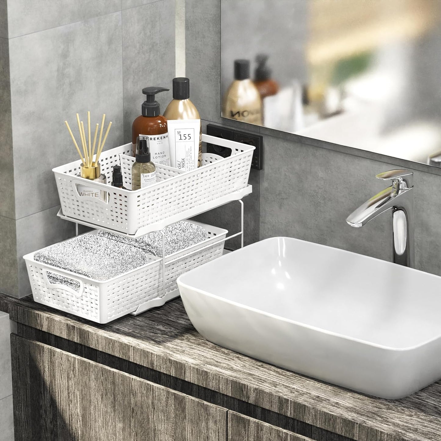 Simplehouseware Two-Tier Under-Sink Bathroom Organizer with Pull-Out Sliding Drawer, White