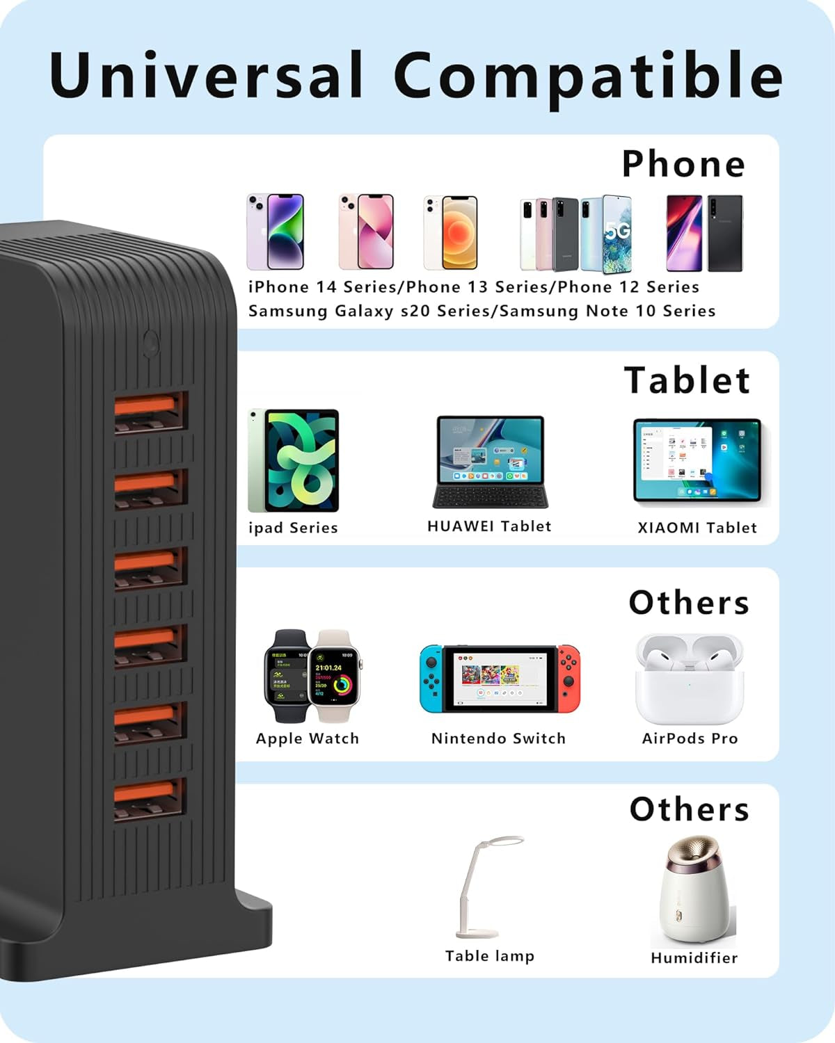 50W USB Tower Charging Station with 6 Ports, Multi-Device Charger (10A Shared), Black