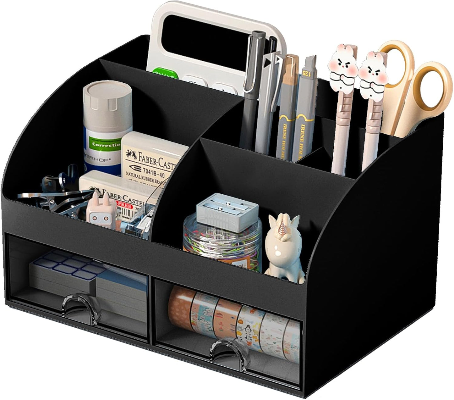 4-Section Drawer Organizer with Dual Pen Holders for Desktop Storage - Versatile Plastic Makeup and Desk Organizer for Home, School, and Office Supplies (White)