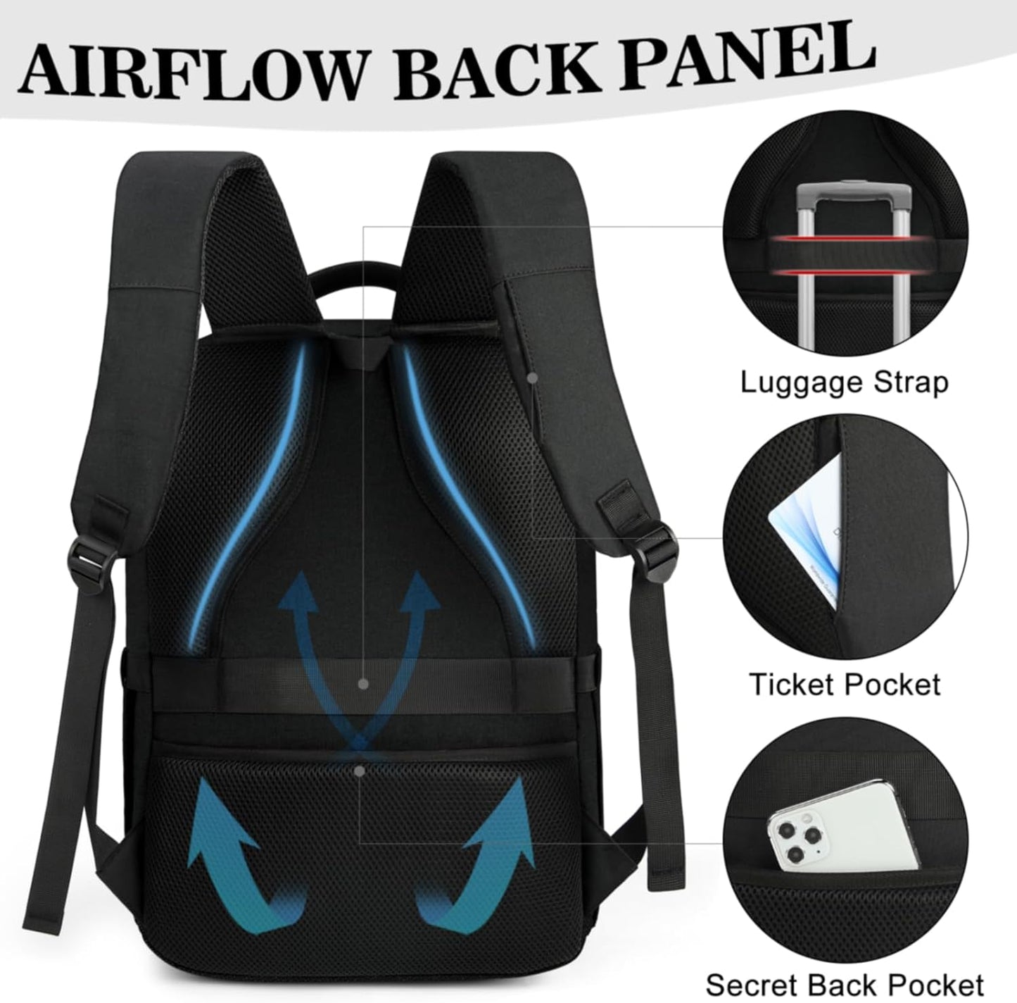 15.6-Inch Anti-Theft Laptop Backpack with USB Charging Port - Large Waterproof Travel Backpack for Work and School, Black