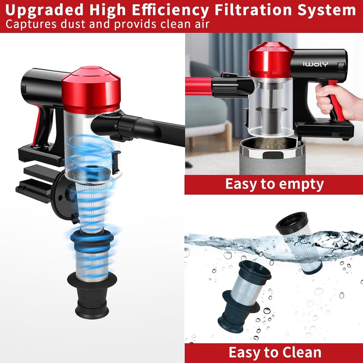 Rechargeable Cordless Vacuum Cleaner with 18,000Pa Cyclone Suction, Detachable Battery, HEPA Filtration, and Lightweight Design for Hard Floors and Vehicles