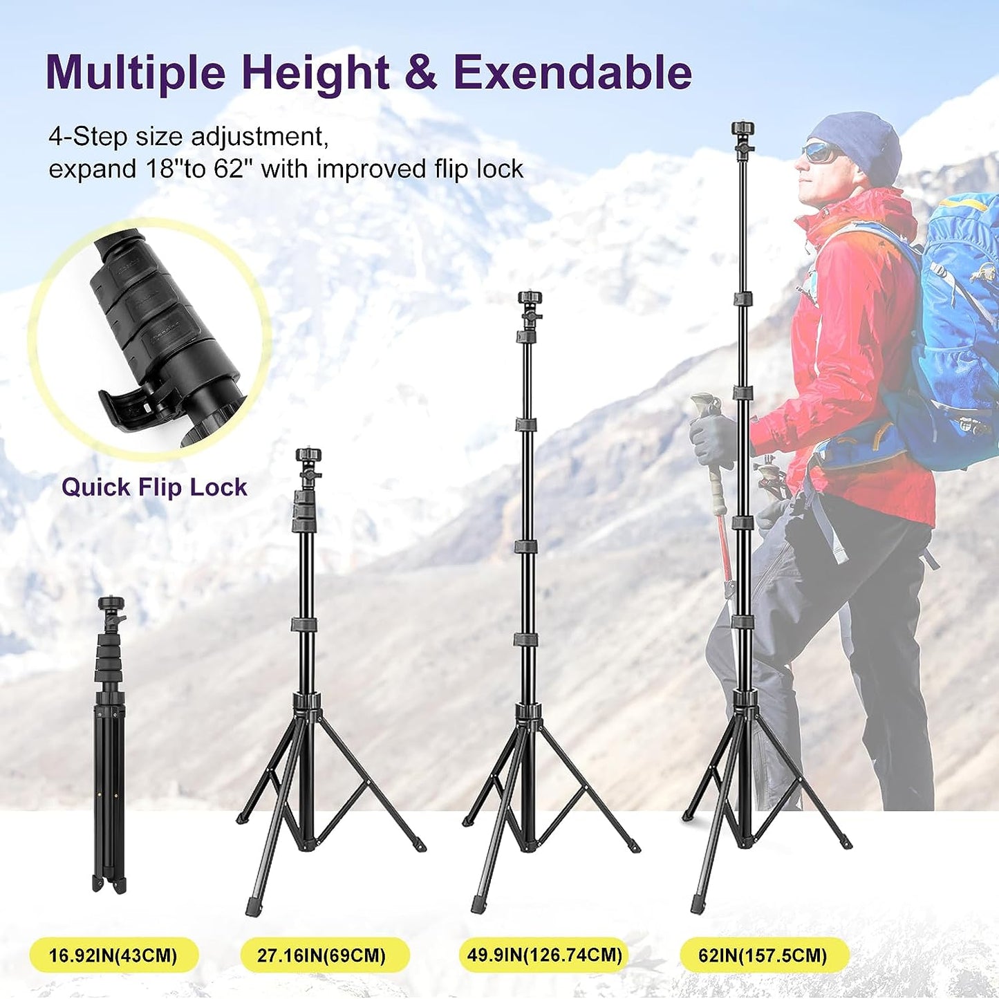Extendable 62" Selfie Stick Tripod with Bluetooth Remote for Smartphones, Durable Lightweight Aluminum Construction