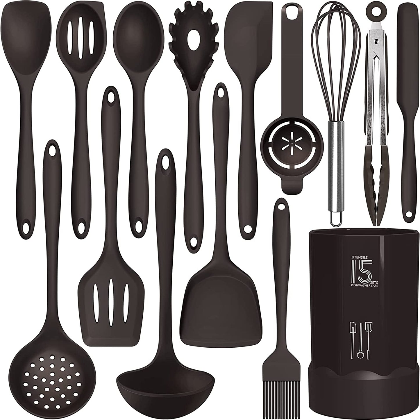 Silicone Kitchen Utensils Set - Heat Resistant Up to 446°F, Includes Turner, Tongs, Spatula, Spoon, Brush, Whisk, Dishwasher Safe and BPA Free