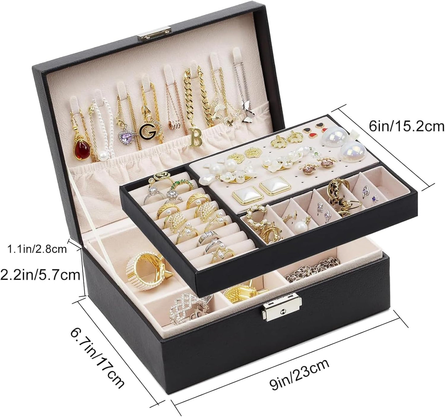 Elegant 2-Layer Jewelry Organizer Box in Black PU Leather with Soft Lining and Lock for Rings, Earrings, Necklaces, Bracelets