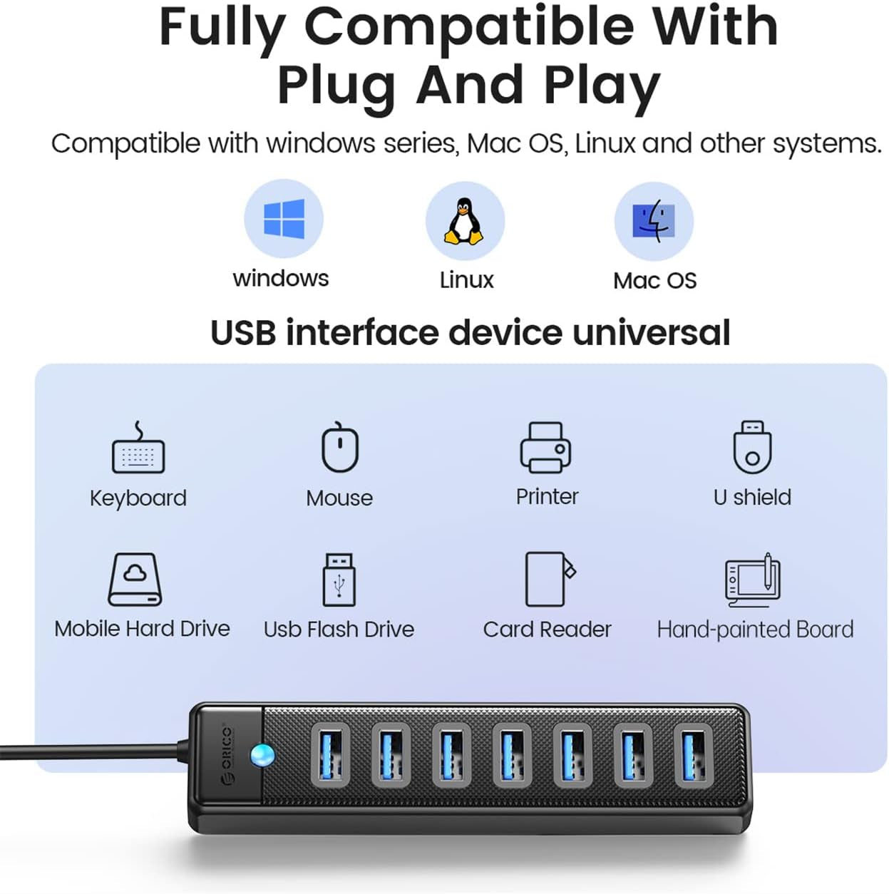 7-Port USB 3.0 Hub with 3.28Ft Extension Cable, 5Gbps High-Speed Data Transfer USB Splitter for Laptops, PCs, Flash Drives, Printers, Mobile HDDs