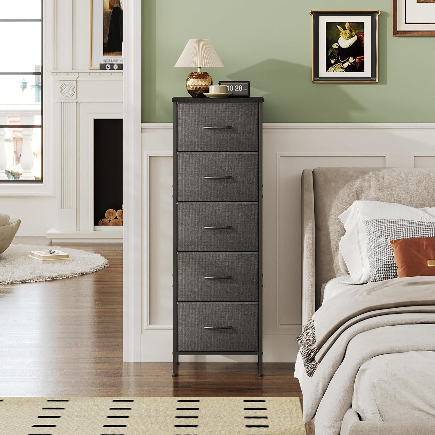 5-Drawer Tall Dresser for Bedroom, Fabric Dresser, Storage Dresser Organizer with Fabric Bins, Wood Top, Sturdy Steel Frame, Chest of Drawers for Closet, Hallway (Charcoal Black)