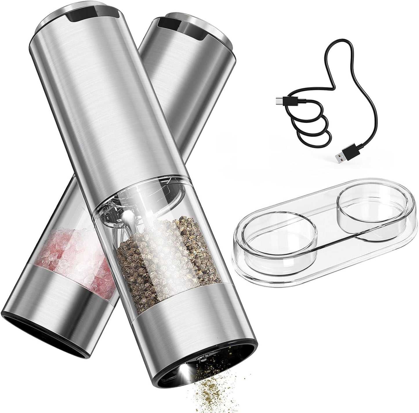 Rechargeable Electric Salt and Pepper Grinder Set with Adjustable Coarseness and Washable 95ml Transparent Container