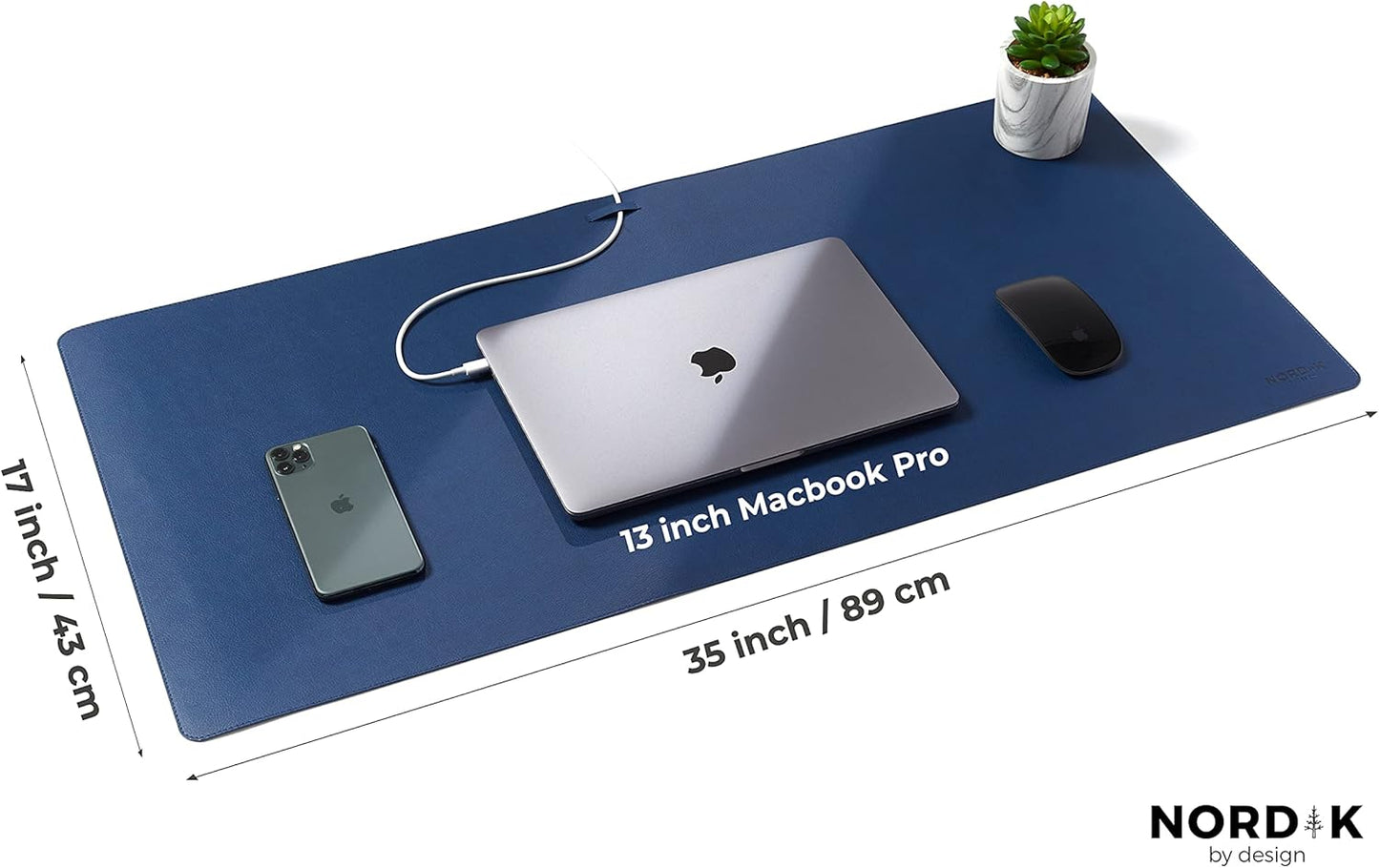 Nordik Leather Desk Mat Cable Organizer - Midnight Blue 89 X 43 Cm - Premium Extended Mouse Mat for Home Office Accessories - Felt Vegan Large Leather Desk Pad Protector & Desk Blotter Pads Decor