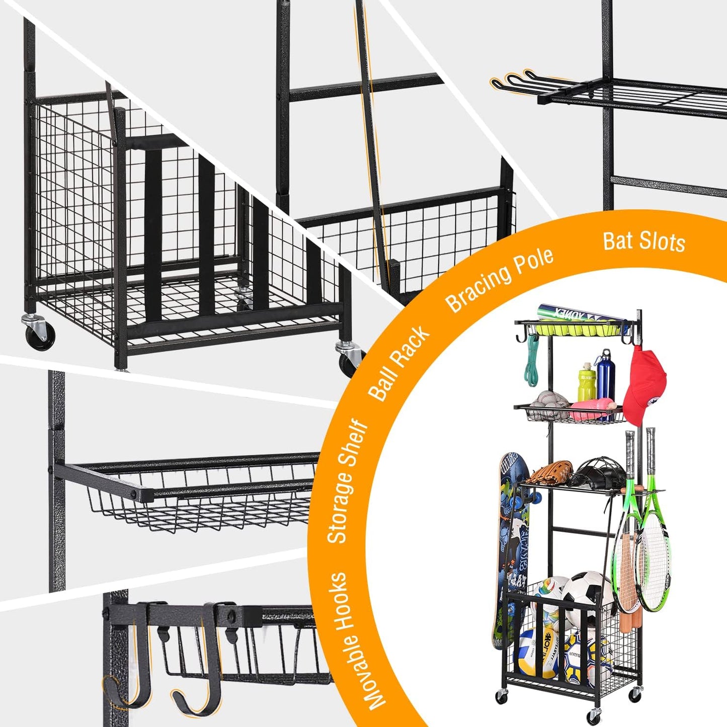 Sports Equipment Organizer for Garage - Ball Storage Rack with Hooks and Baskets for Basketball, Football, and Soccer (Black)