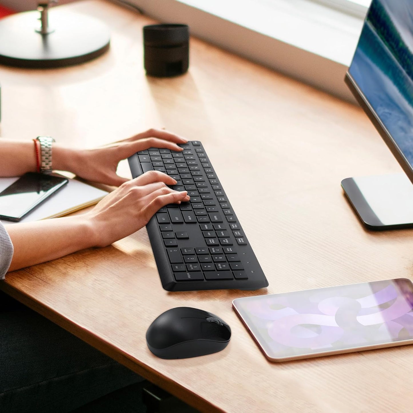 Wireless Keyboard and Mouse Set for Windows - Full-Sized Cordless Keyboard and Silent 1600 DPI Mouse with USB Receiver (Black)